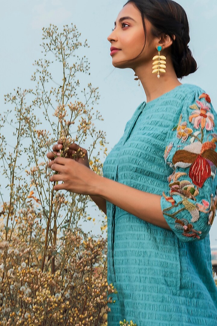 Blue Hand Embroidered Jumpsuit With Pockets by Oushk By Ussama Shabbir at Pernia's Pop Up Shop