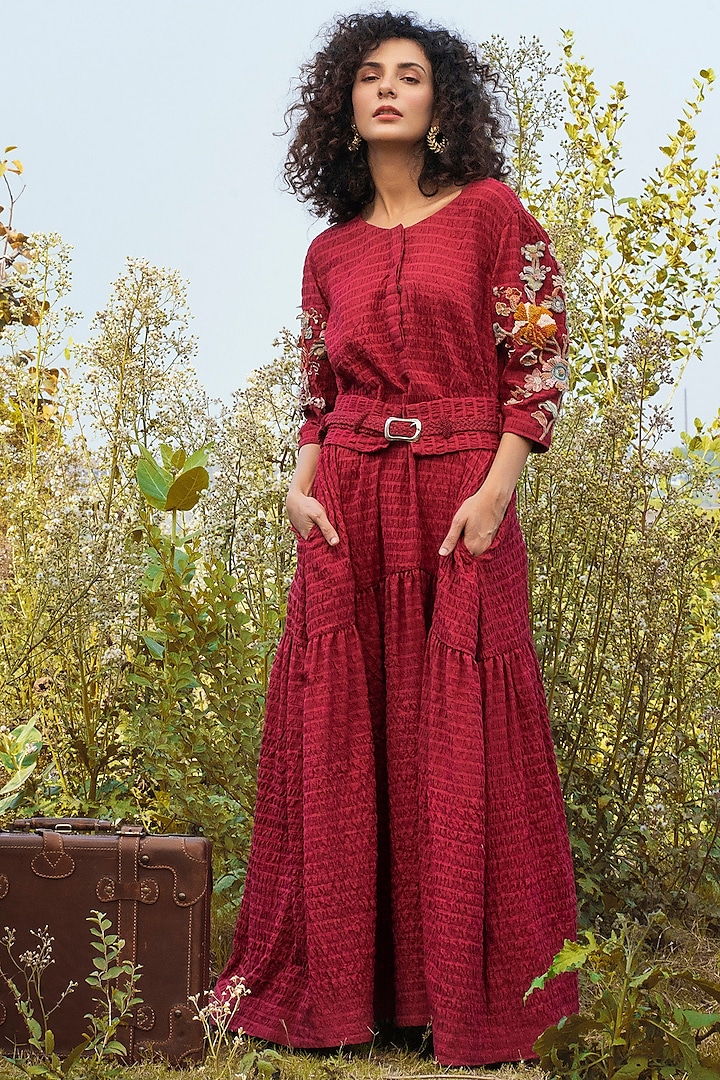 Cherry Red Embroidered Dress With Crochet Belt by Oushk By Ussama Shabbir