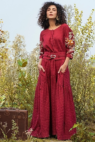Cherry Red Handwoven Crushed Cotton Hand Embroidered Dress by Oushk By Ussama Shabbir