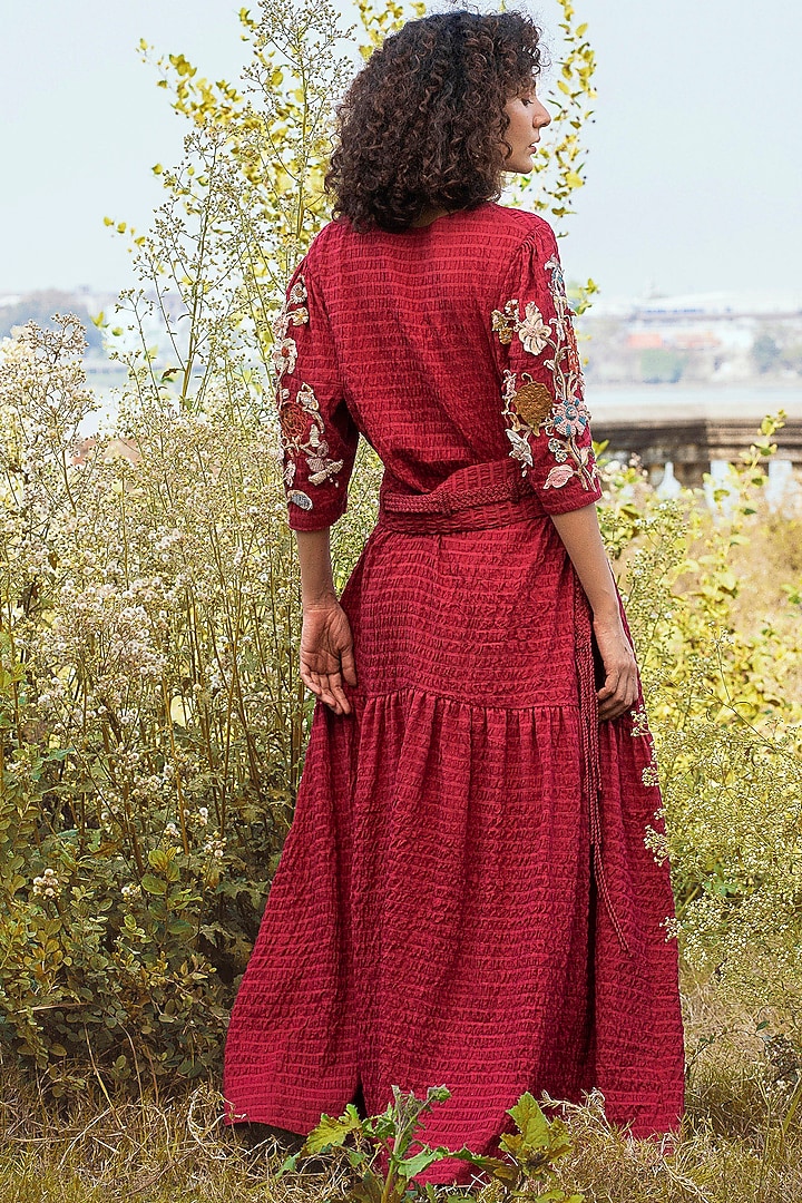 Cherry Red Handwoven Crushed Cotton Hand Embroidered Vacation Dress by Oushk By Ussama Shabbir at Pernia's Pop Up Shop