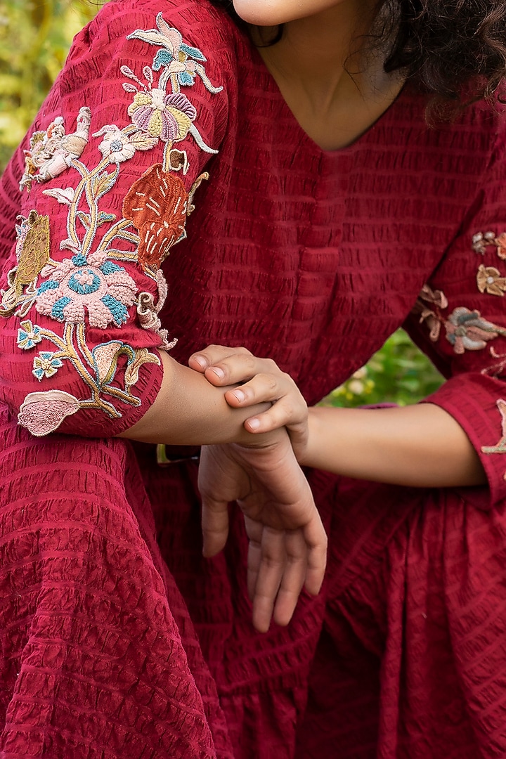 Cherry Red Handwoven Crushed Cotton Hand Embroidered Vacation Dress by Oushk By Ussama Shabbir at Pernia's Pop Up Shop