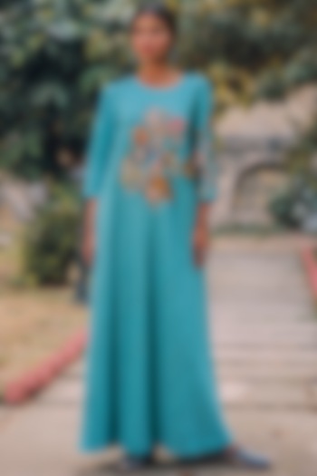 Blue Hand Embroidered Kaftan by Oushk By Ussama Shabbir