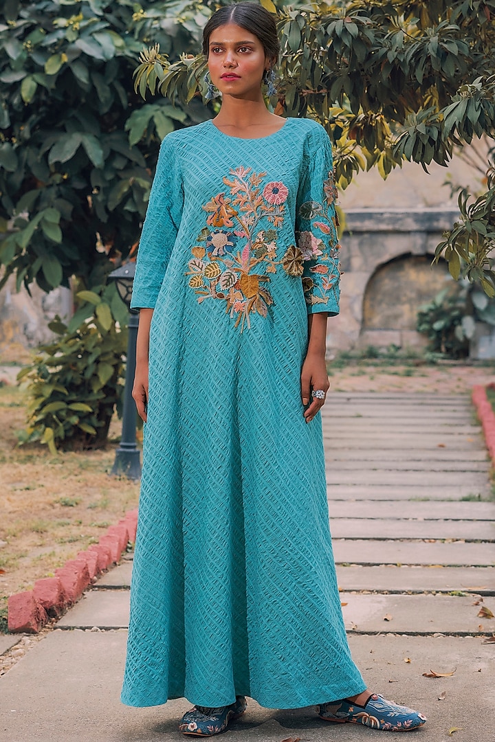 Blue Hand Embroidered Kaftan by Oushk By Ussama Shabbir