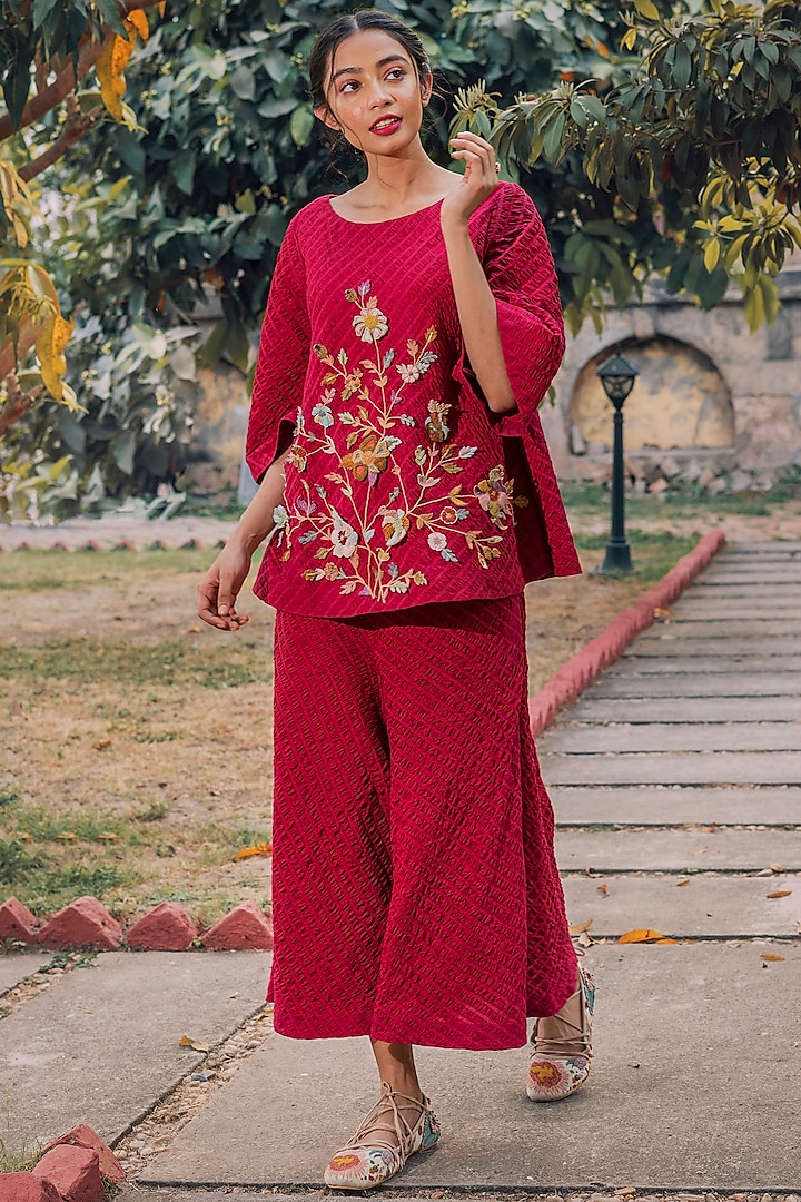 Cherry Red Hand Embroidered Pant Set by Oushk By Ussama Shabbir