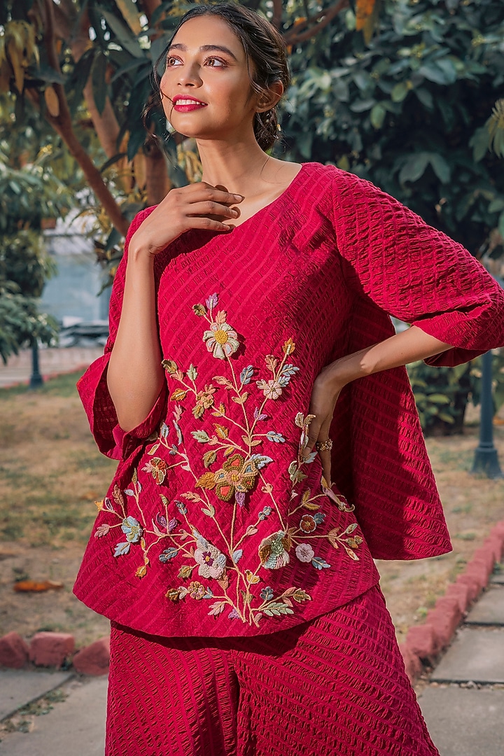Cherry Red Hand Embroidered Pant Set by Oushk By Ussama Shabbir at Pernia's Pop Up Shop