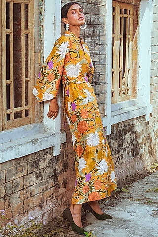 Mustard Printed Kaftan With Belt by Oushk By Ussama Shabbir