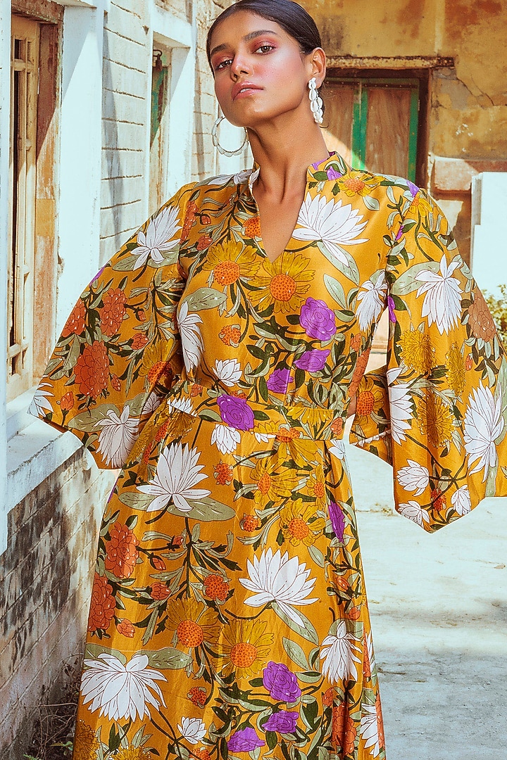 Mustard Printed Kaftan With Belt by Oushk By Ussama Shabbir at Pernia's Pop Up Shop