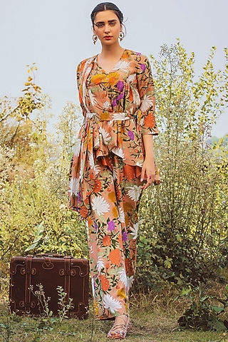 Dusty Peach Printed Pant Set by Oushk By Ussama Shabbir