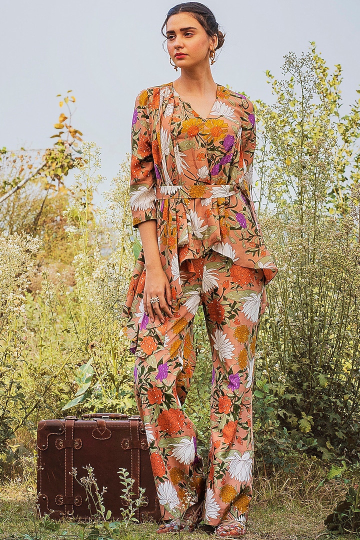 Dusty Peach Printed Pant Set by Oushk By Ussama Shabbir at Pernia's Pop Up Shop