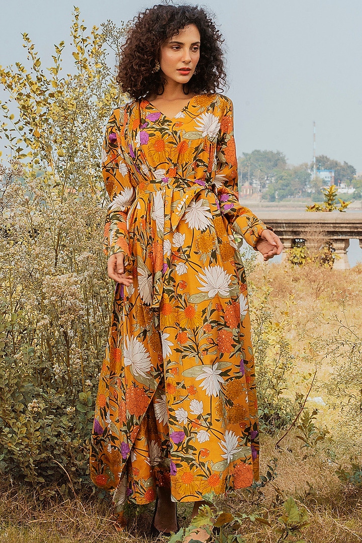 Mustard Printed Dress With Full Sleeves by Oushk By Ussama Shabbir