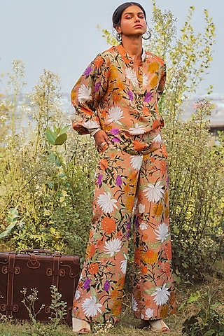 Mustard Printed Pant Set by Oushk By Ussama Shabbir