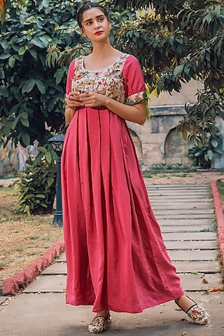 Cherry Red Habutai Silk Hand Embroidered Box Pleated Dress by Oushk By Ussama Shabbir