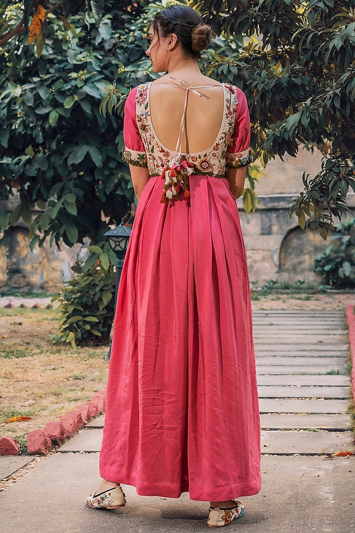 Cherry Red Habutai Silk Hand Embroidered Box Pleated Cocktail Dress by Oushk By Ussama Shabbir at Pernia's Pop Up Shop