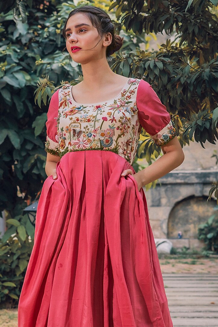 Cherry Red Habutai Silk Hand Embroidered Box Pleated Cocktail Dress by Oushk By Ussama Shabbir at Pernia's Pop Up Shop
