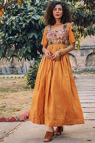 Mustard Habutai Silk Hand Embroidered Box Pleated Dress by Oushk By Ussama Shabbir