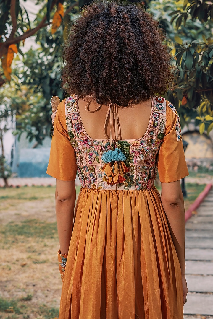 Mustard Habutai Silk Hand Embroidered Box Pleated Cocktail Dress by Oushk By Ussama Shabbir at Pernia's Pop Up Shop