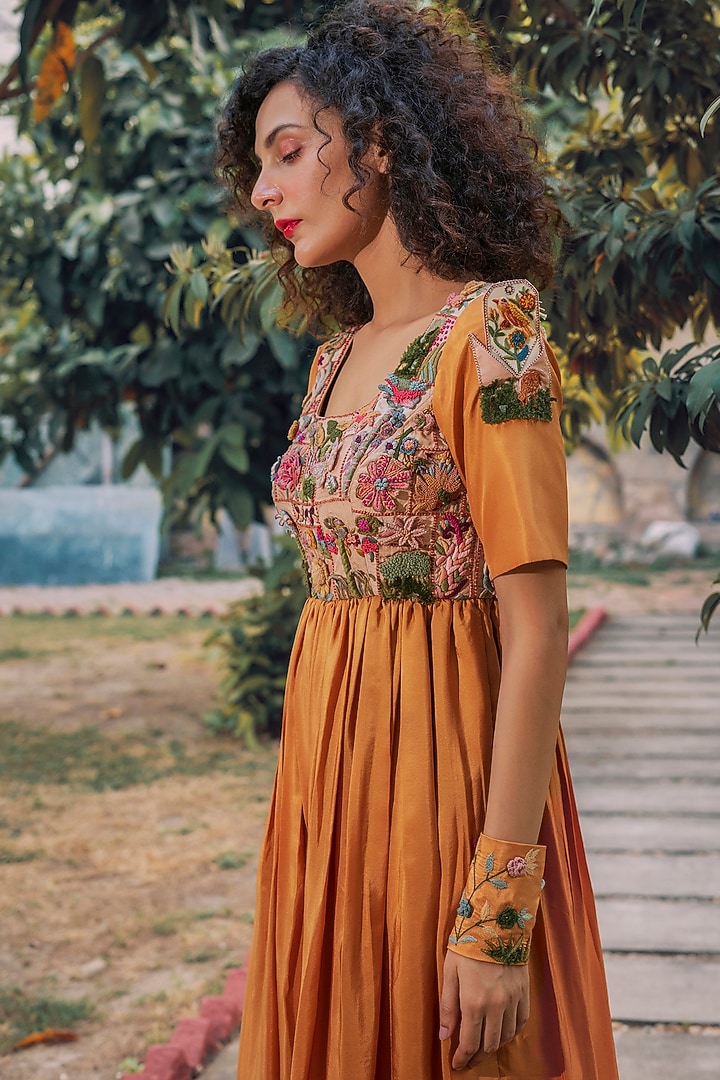 Mustard Habutai Silk Hand Embroidered Box Pleated Cocktail Dress by Oushk By Ussama Shabbir at Pernia's Pop Up Shop