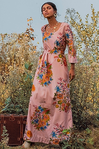Pink Printed Dress With Belt by Oushk By Ussama Shabbir