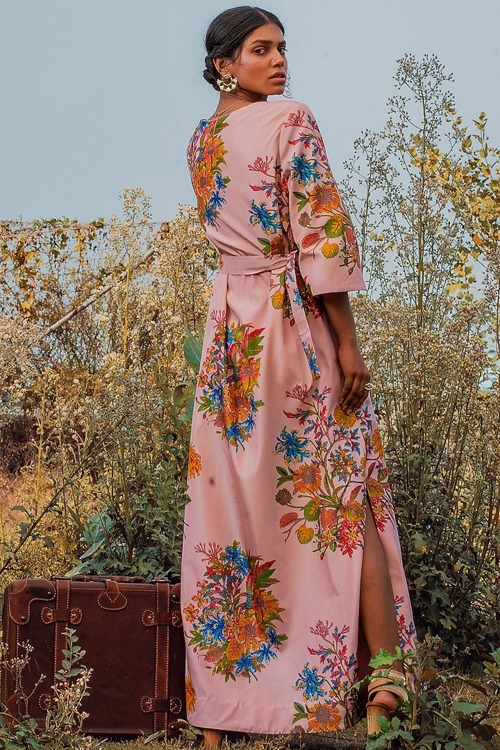 Pink Printed Summer Dress With Belt by Oushk By Ussama Shabbir at Pernia's Pop Up Shop