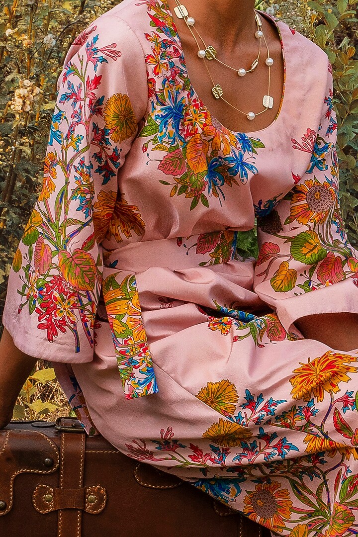 Pink Printed Summer Dress With Belt by Oushk By Ussama Shabbir at Pernia's Pop Up Shop