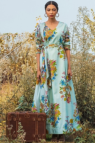 Blue Printed Dress With Belt by Oushk By Ussama Shabbir