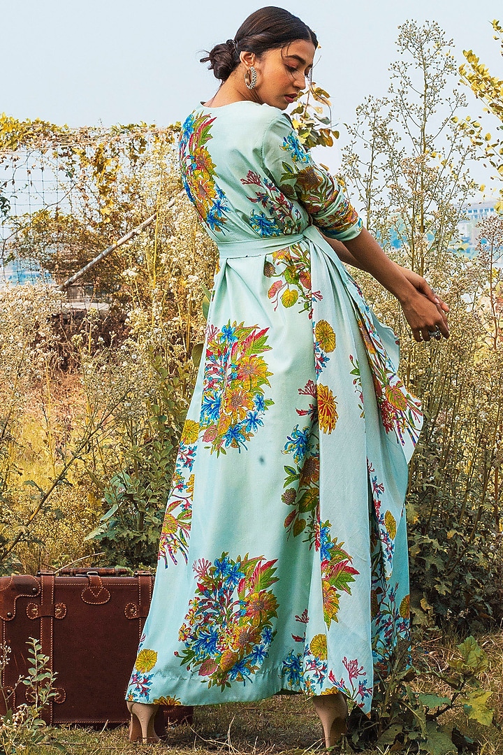 Blue Printed Vacation Dress With Belt by Oushk By Ussama Shabbir at Pernia's Pop Up Shop