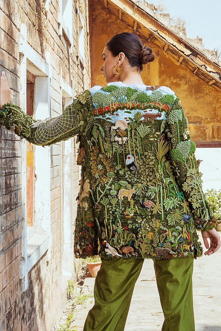 Green Hand Embroidered Jacket Set by Oushk By Ussama Shabbir at Pernia's Pop Up Shop