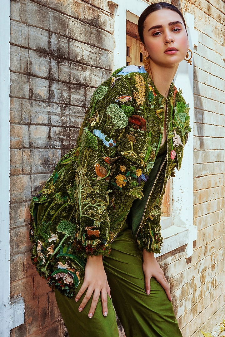 Green Hand Embroidered Jacket Set by Oushk By Ussama Shabbir at Pernia's Pop Up Shop