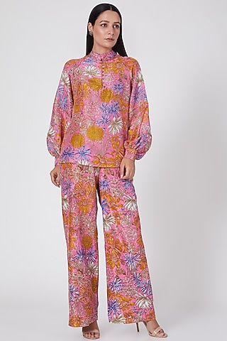 Pink Hand Printed Pant Set by Oushk By Ussama Shabbir