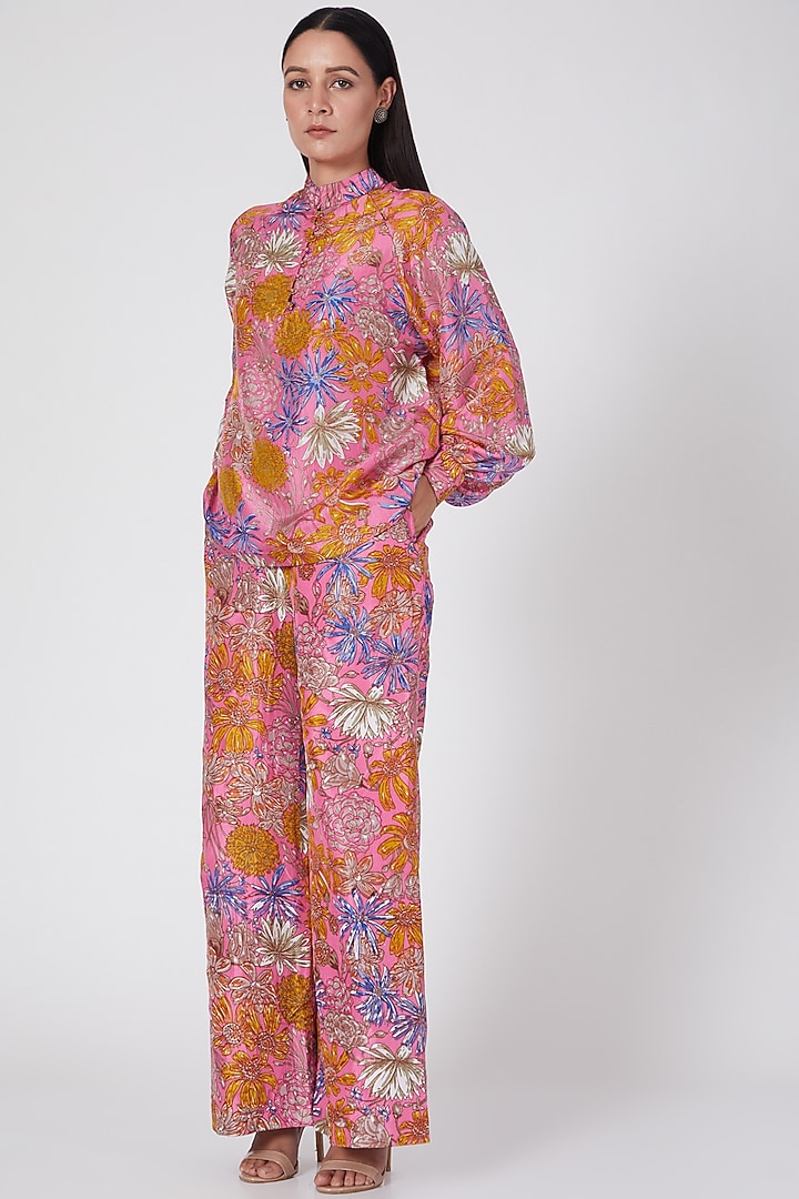 Pink Hand Printed Pant Set by Oushk By Ussama Shabbir at Pernia's Pop Up Shop