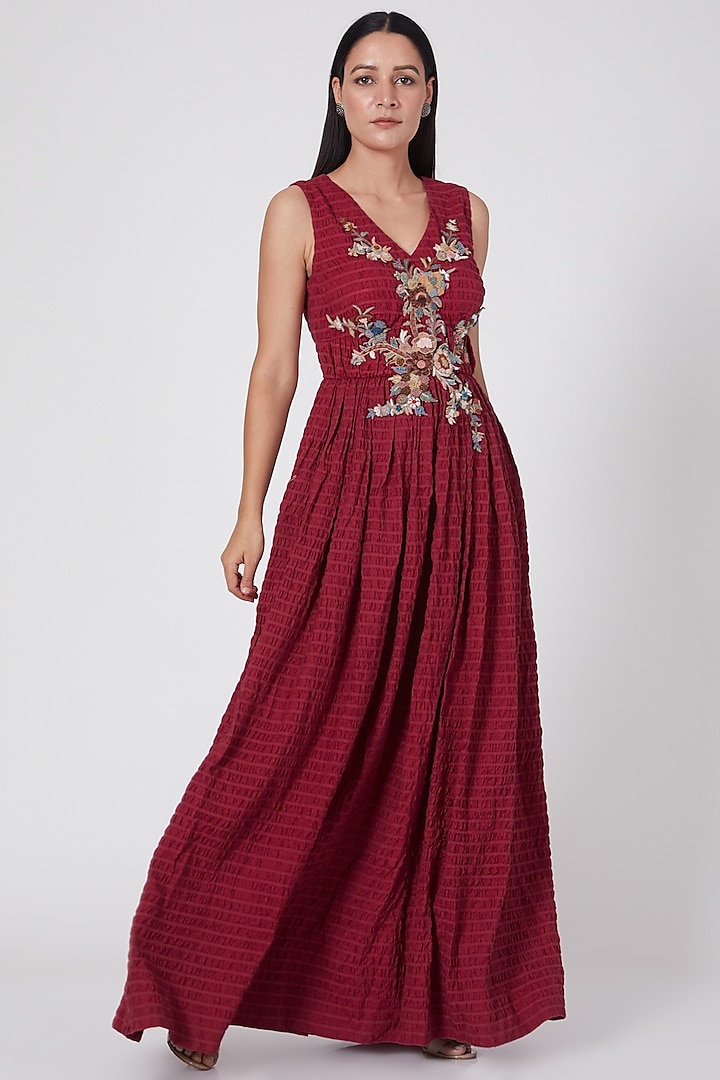 Maroon Hand Embroidered Crushed Dress by Oushk By Ussama Shabbir