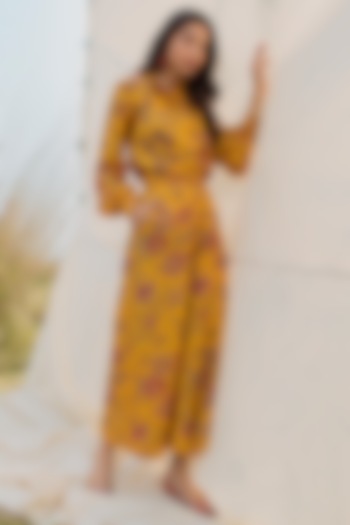 Mustard Floral Printed Shirt With Pants by Oushk by Ussama Shabbir at Pernia's Pop Up Shop