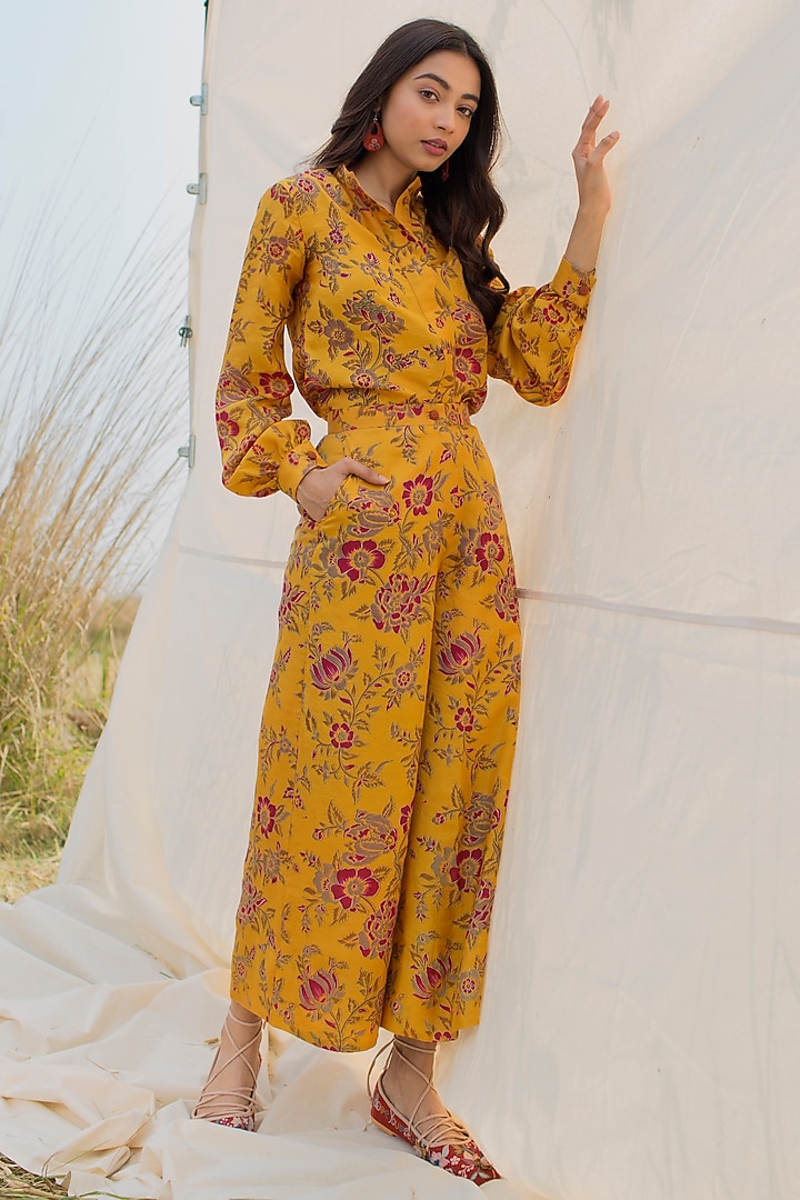 Mustard Floral Printed Shirt With Pants by Oushk by Ussama Shabbir at Pernia's Pop Up Shop