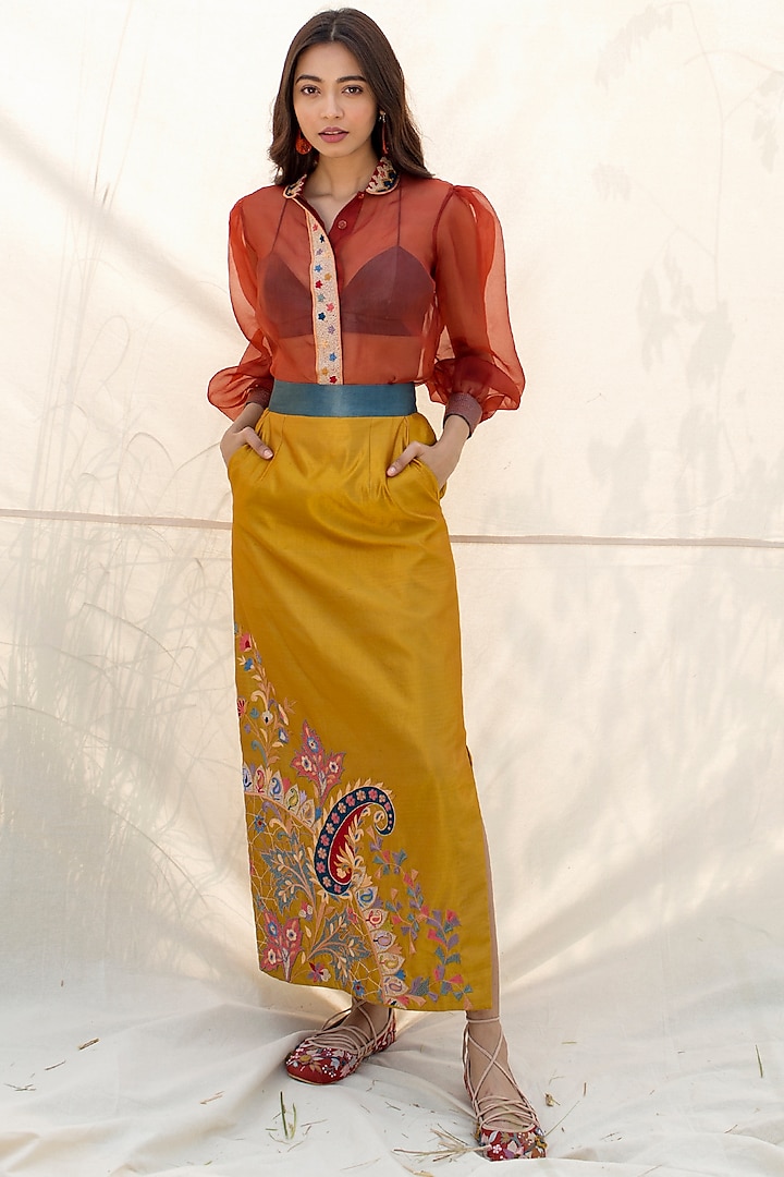 Reddish Rust & Mustard Embroidered Skirt Set by Oushk by Ussama Shabbir
