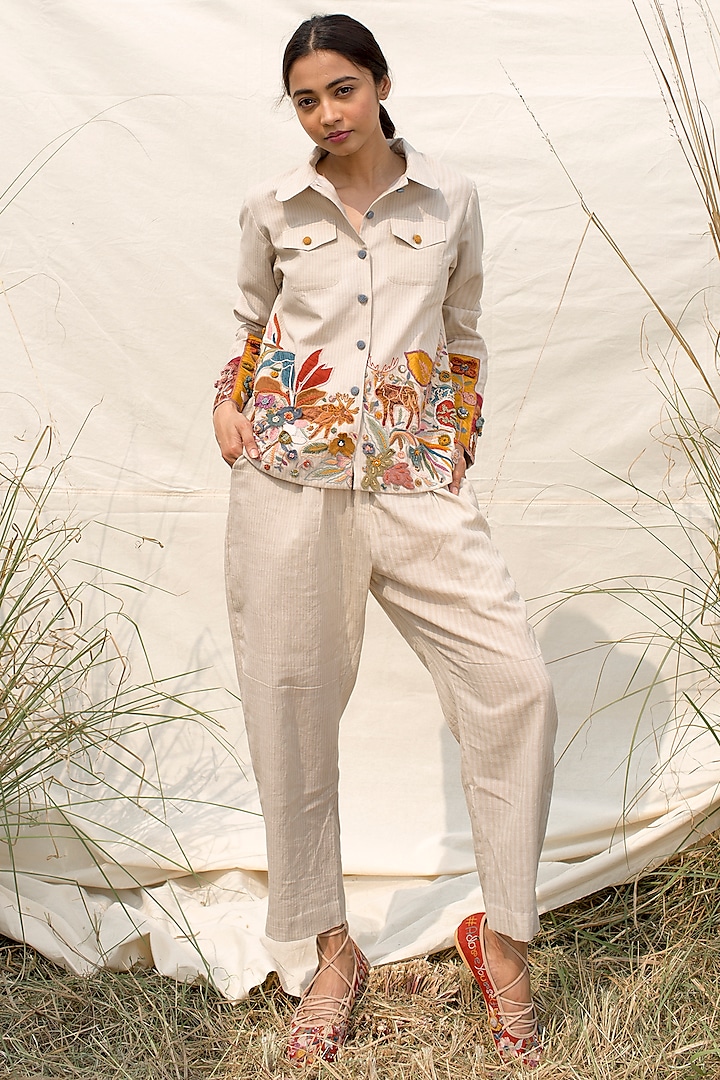 Off White Embroidered Shirt Jacket With Pants by Oushk by Ussama Shabbir