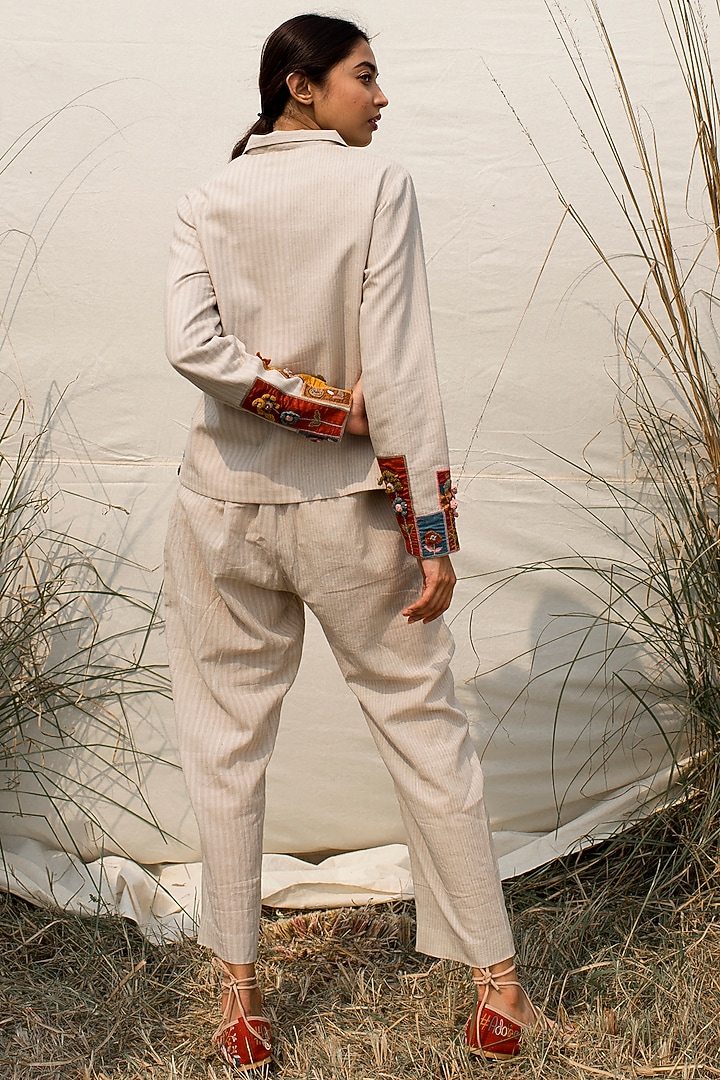 Off White Embroidered Shirt Jacket With Pants by Oushk by Ussama Shabbir at Pernia's Pop Up Shop