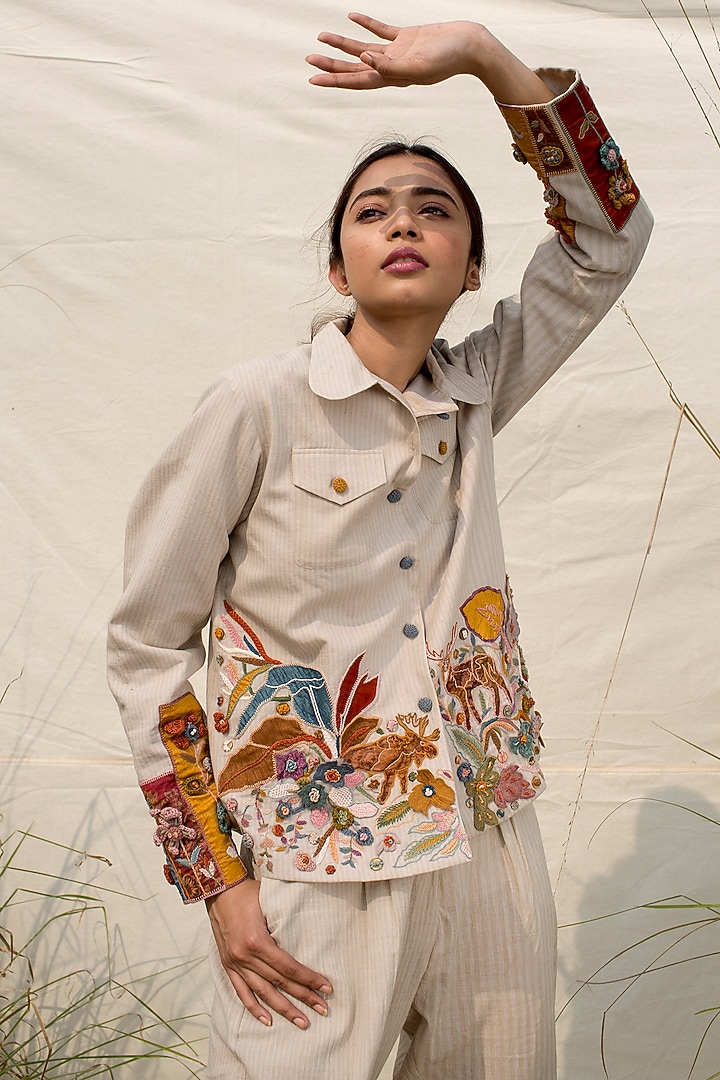 Off White Embroidered Shirt Jacket With Pants by Oushk by Ussama Shabbir at Pernia's Pop Up Shop