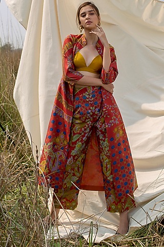 Reddish Rust & Mustard Printed Jacket Set by Oushk by Ussama Shabbir