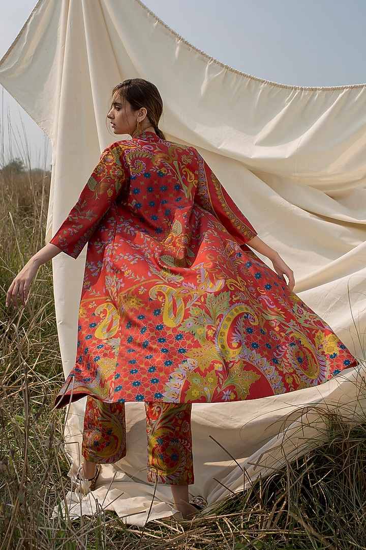 Reddish Rust & Mustard Printed Jacket Set by Oushk by Ussama Shabbir at Pernia's Pop Up Shop