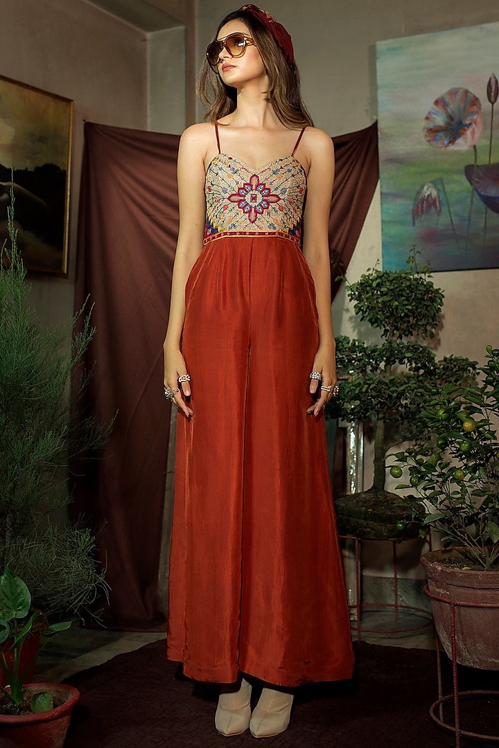 Reddish Rust Embroidered Jumpsuit by Oushk by Ussama Shabbir