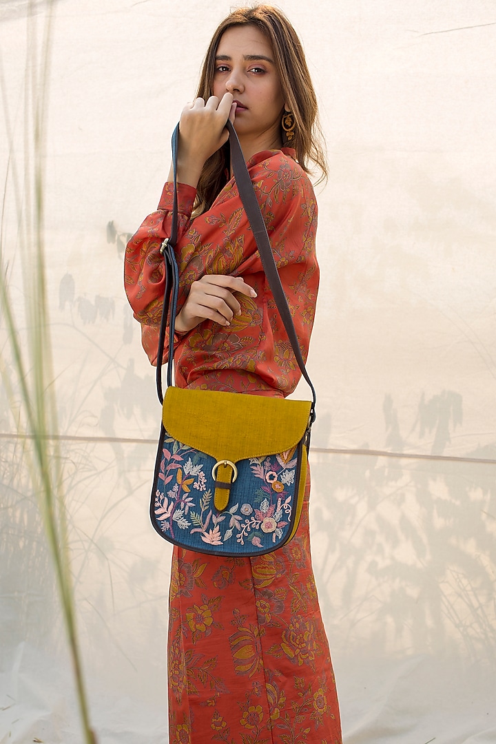 Mustard & Blue Embroidered Bag by Oushk by Ussama Shabbir