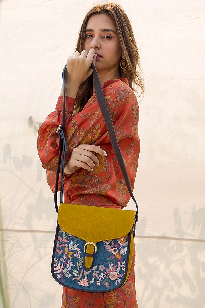 Mustard & Blue Embroidered Bag by Oushk by Ussama Shabbir at Pernia's Pop Up Shop