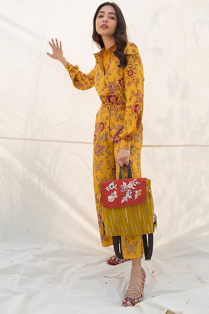 Mustard & Rusted Red Embroidered Bag by Oushk by Ussama Shabbir