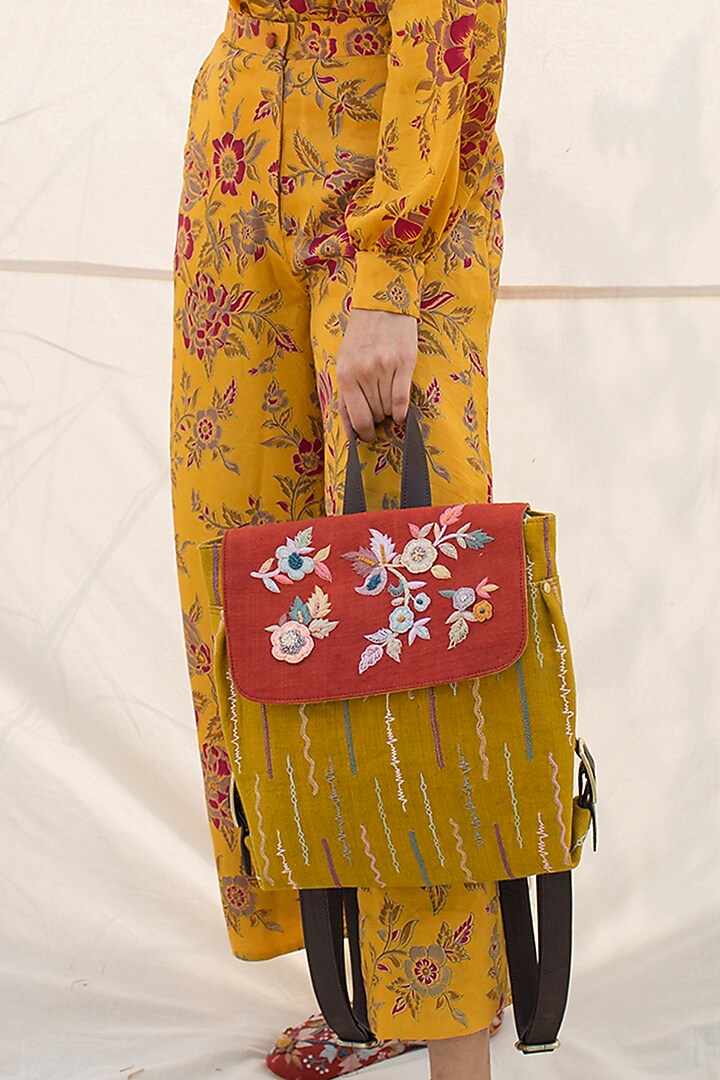 Mustard & Rusted Red Embroidered Bag by Oushk by Ussama Shabbir at Pernia's Pop Up Shop