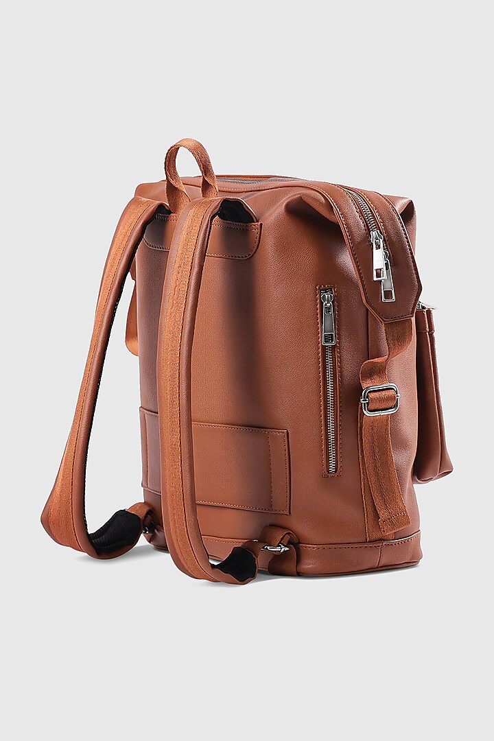 Tan Premium Faux Leather & Mesh Backpack Bag by OLIVES & GOLD at Pernia's Pop Up Shop