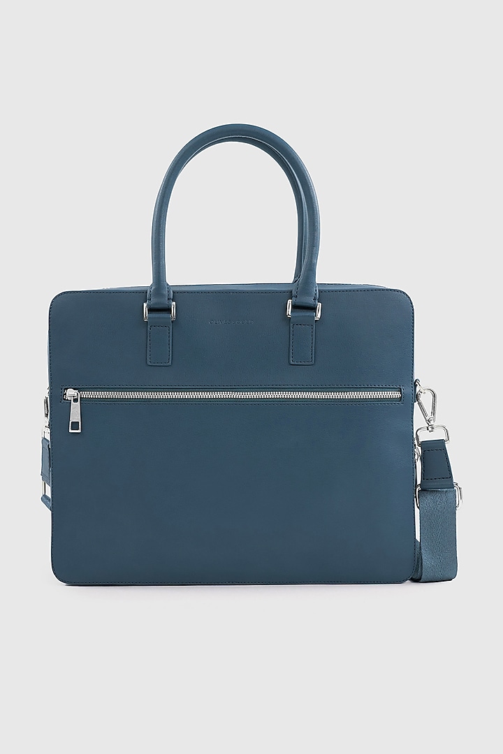 Blue Premium Faux Leather Laptop Bag by OLIVES & GOLD