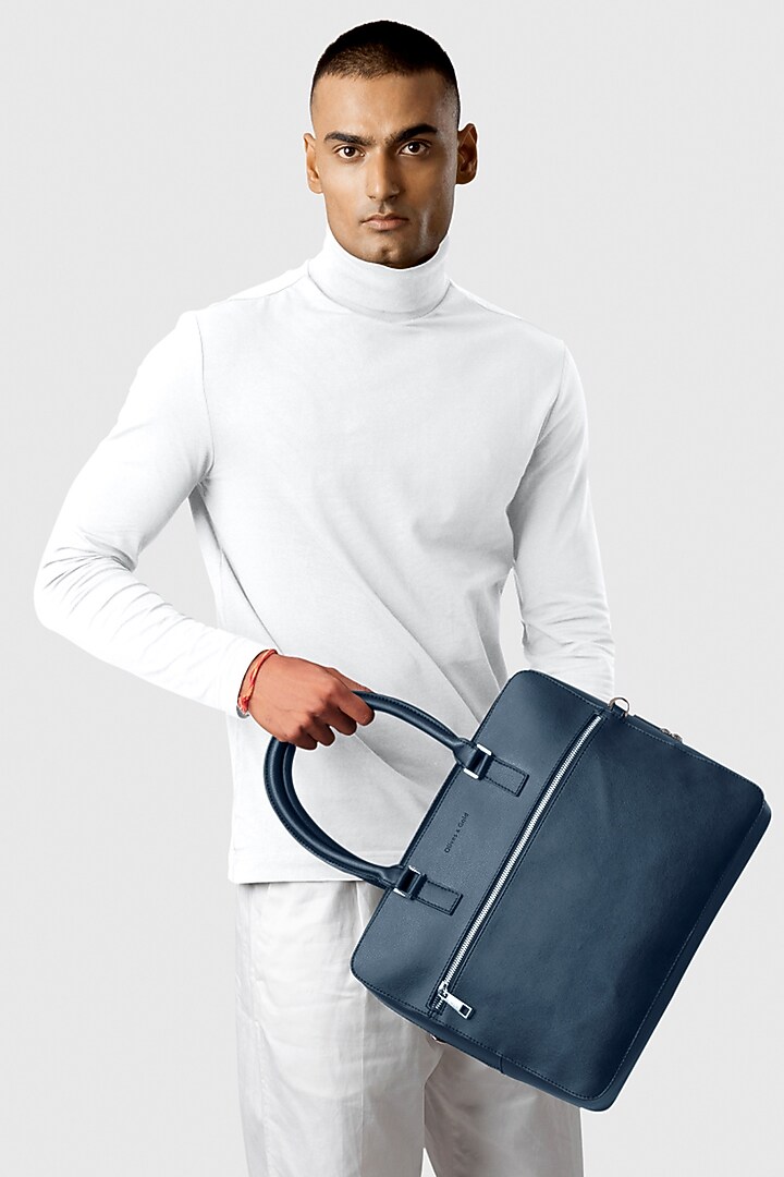 Blue Premium Faux Leather Laptop Bag by OLIVES & GOLD at Pernia's Pop Up Shop