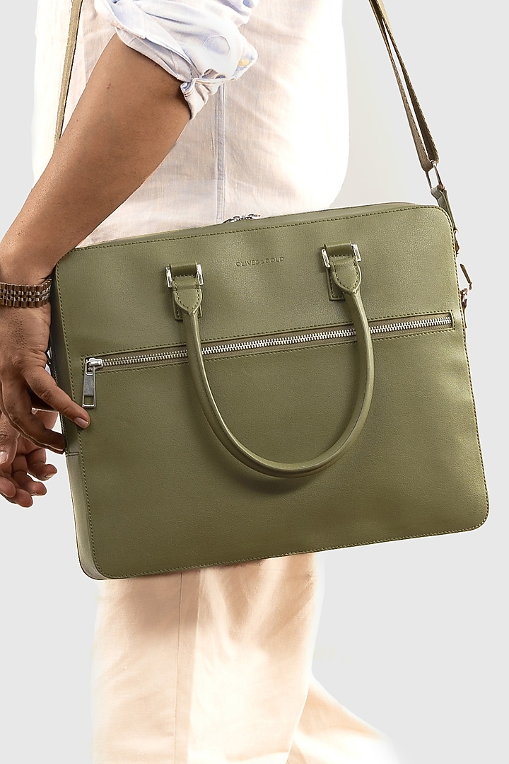 Olive Green Premium Faux Leather Laptop Bag by OLIVES & GOLD at Pernia's Pop Up Shop