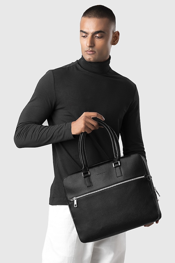 Black Premium Faux Leather Laptop Bag by OLIVES & GOLD at Pernia's Pop Up Shop
