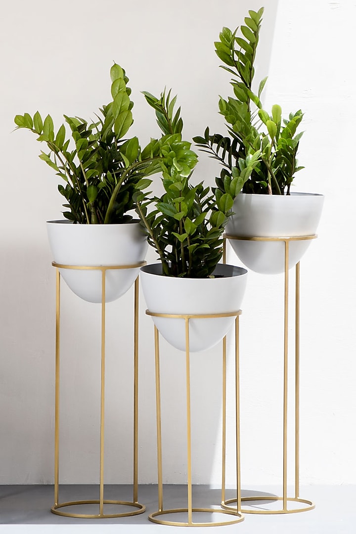 Egg Shaped White & Gold Iron Planter (Set of 3) by The Decor Remedy